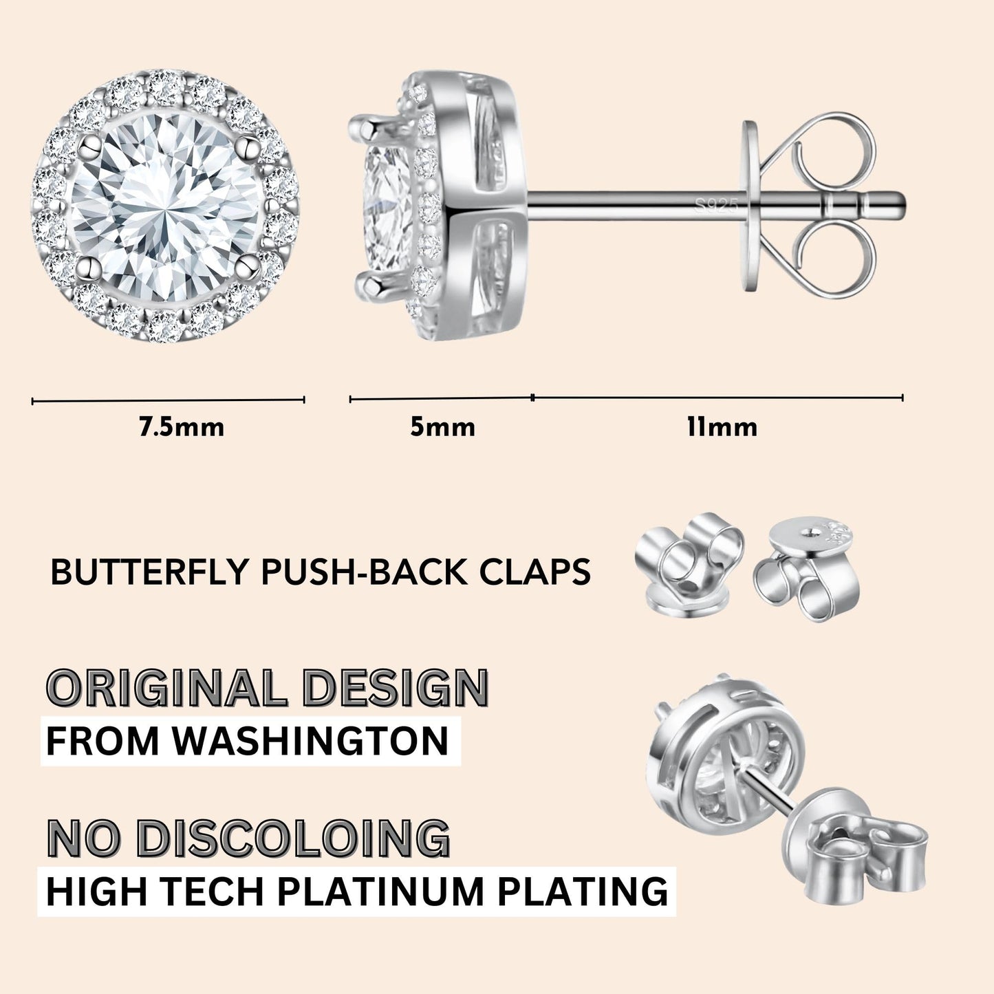 Stunnung Round Stud Earrings for Men & Women, Certified Moissanite Gemstone 1CT per Pair D-Color VVS1 Clarity, S925 Sterling Silver Jewelry