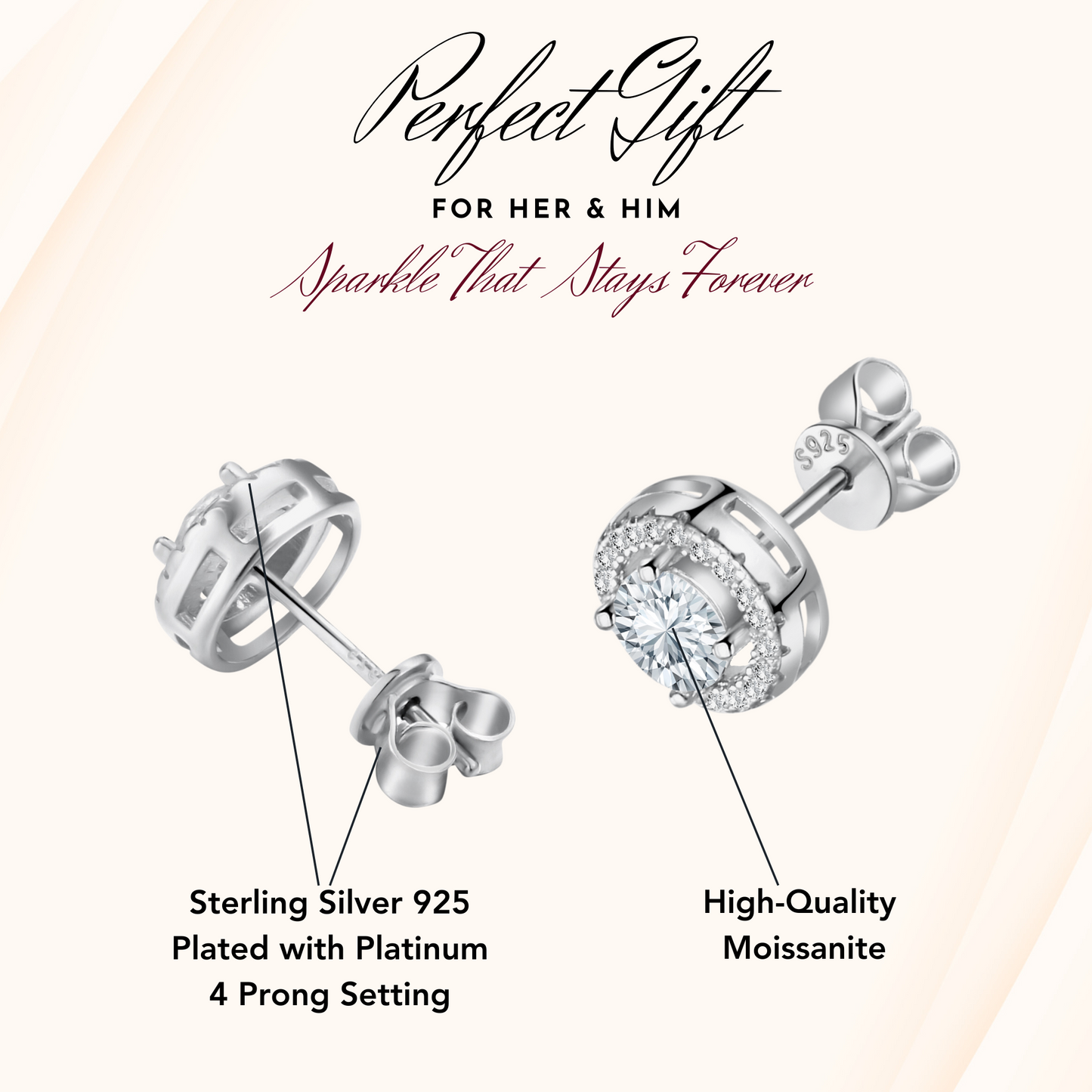 Beautiful Stud Earrings for Men and Women, Halo Round, Certified Moissanite Gemstone 1CT per Pair D-Color VVS1, 925 Sterling Silver Plated with Platinum