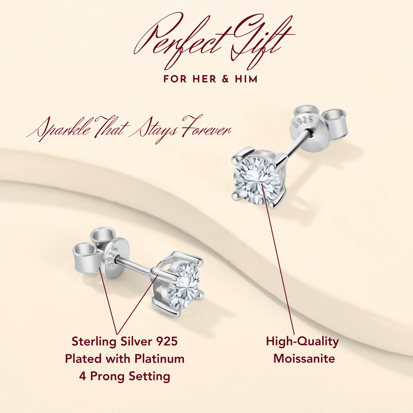 Brilliant Stud Earrings for Men & Women, Certified Moissanite 1CT per Pair, D Color, VVS1 Clarity, S925 Sterling Silver Plated with Platinum